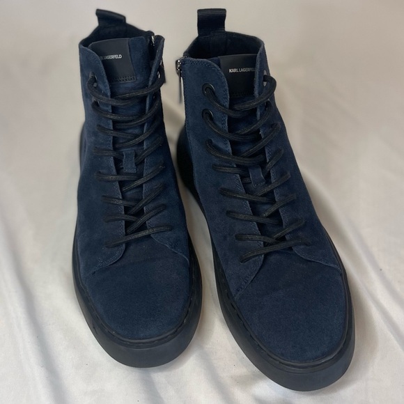 Karl Lagerfeld Paris Suede High Top Blue Lace Up Sneakers Side Zipper Size 9M - Picture 1 of 16